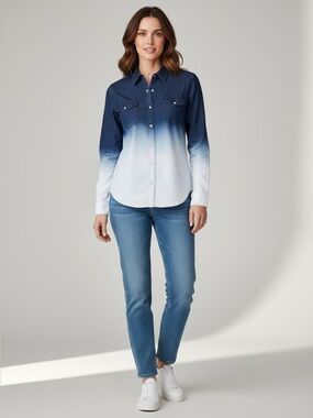 XCVI long sleeve 100% cotton snap front ombré dip dye denim shirt size medium